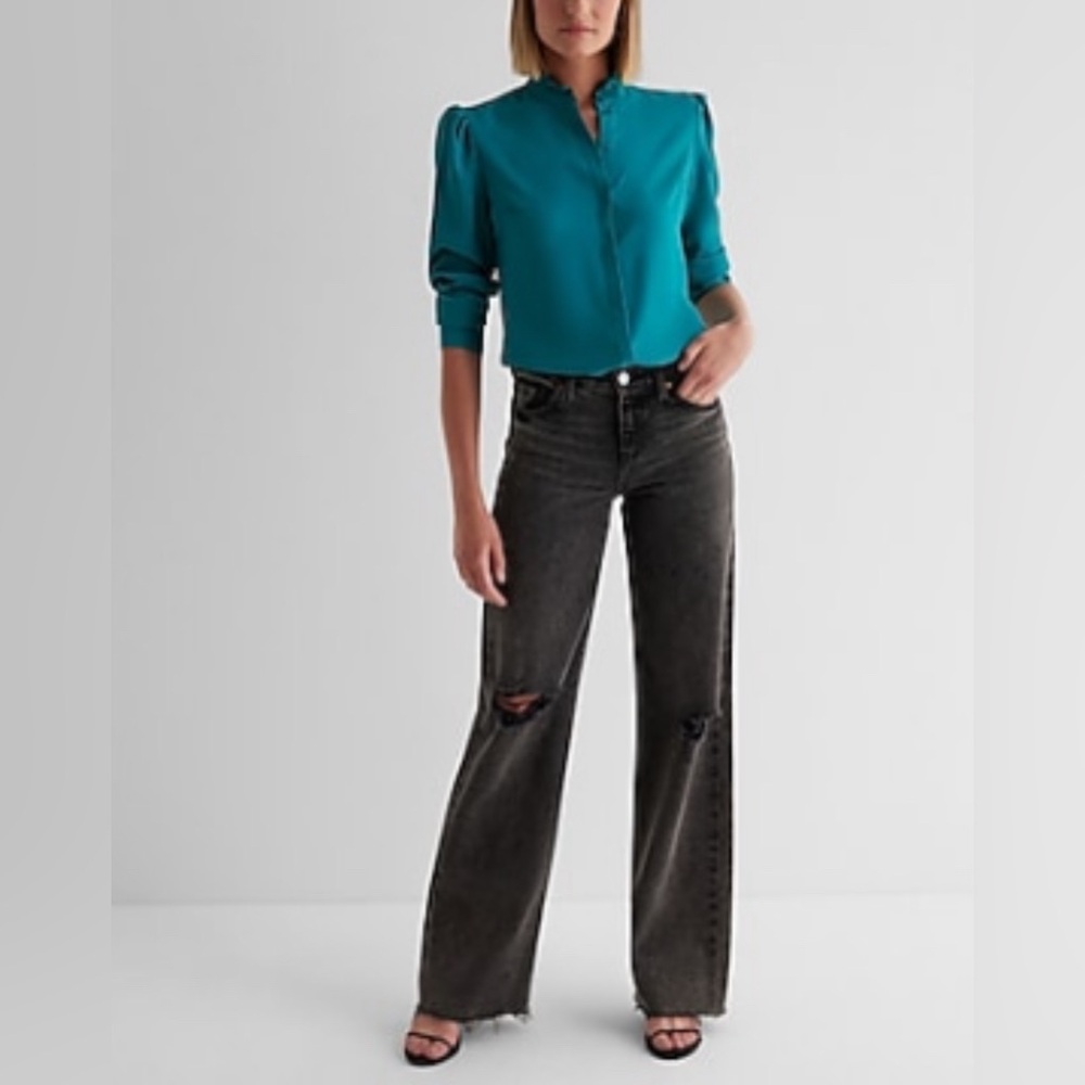 Express teal ruffled long sleeved classic sexy top - small feels like medium